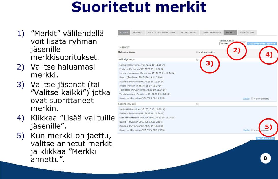 Valitse jäsenet (tai Valitse kaikki ) jotka ovat suorittaneet merkin.