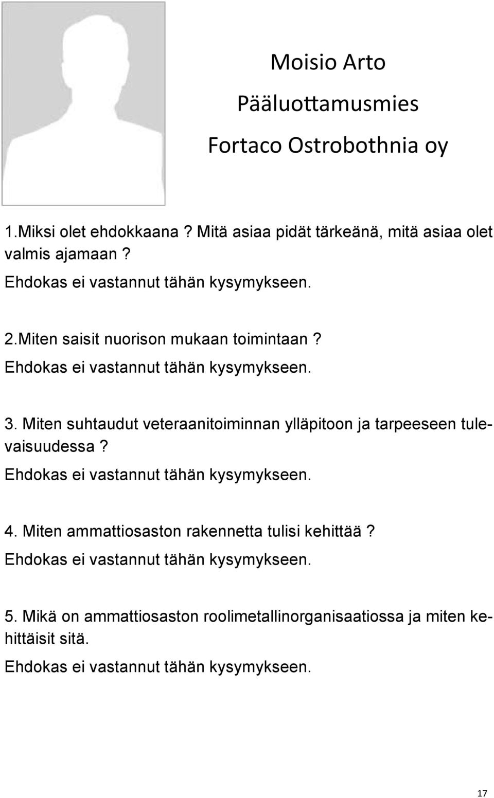 Miten suhtaudut veteraanitoiminnan ylläpitoon ja tarpeeseen tulevaisuudessa? Ehdokas ei vastannut tähän kysymykseen. 4.