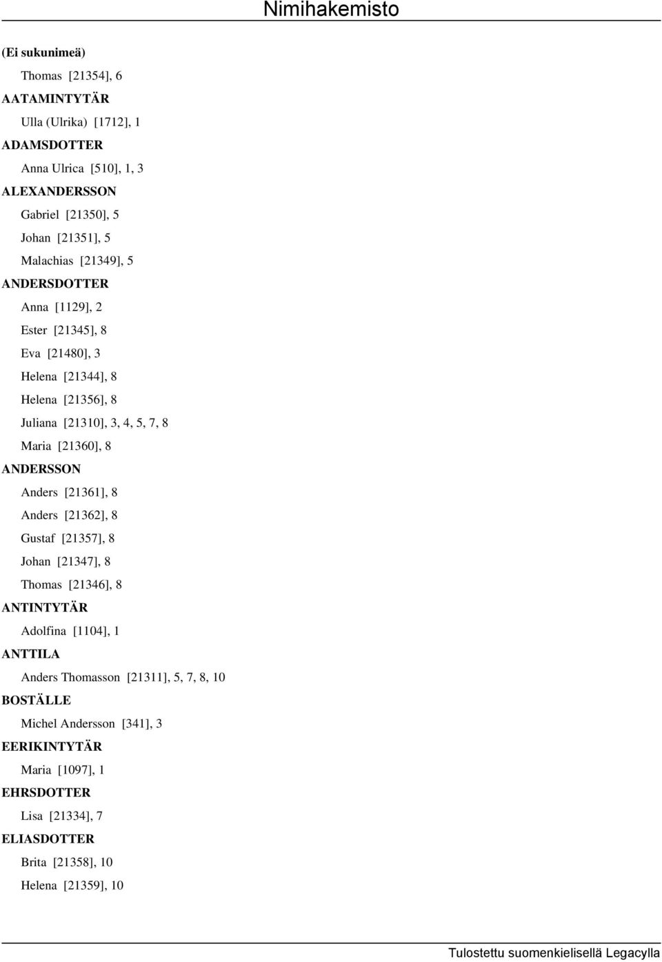 Maria [21360], 8 ANDERSSON Anders [21361], 8 Anders [21362], 8 Gustaf [21357], 8 Johan [21347], 8 Thomas [21346], 8 ANTINTYTÄR Adolfina [1104], 1 ANTTILA Anders