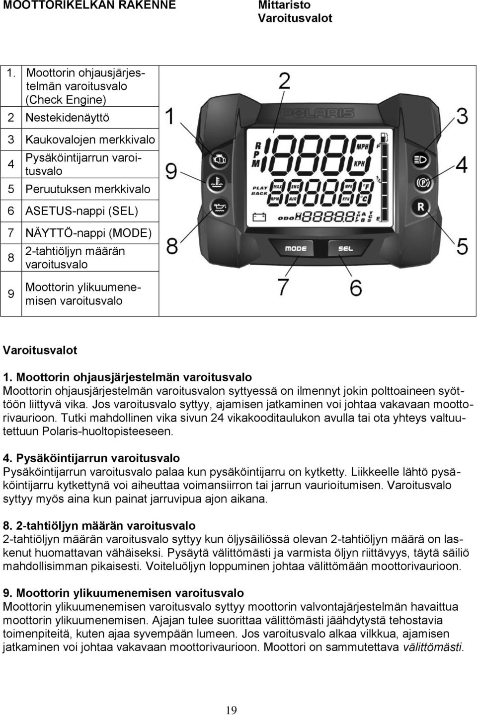 (MODE) 8 2-tahtiöljyn määrän varoitusvalo 9 Moottorin ylikuumenemisen varoitusvalo Varoitusvalot 1.