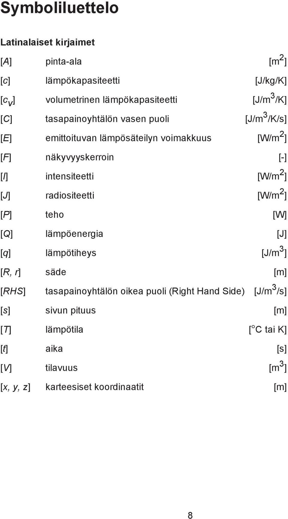 [J] radiositeetti [W/m 2 ] [P] teho [W] [Q] lämpöenergia [J] [q] lämpötiheys [J/m 3 ] [R, r] säde [m] [RHS] tasapainoyhtälön oikea puoli (Right