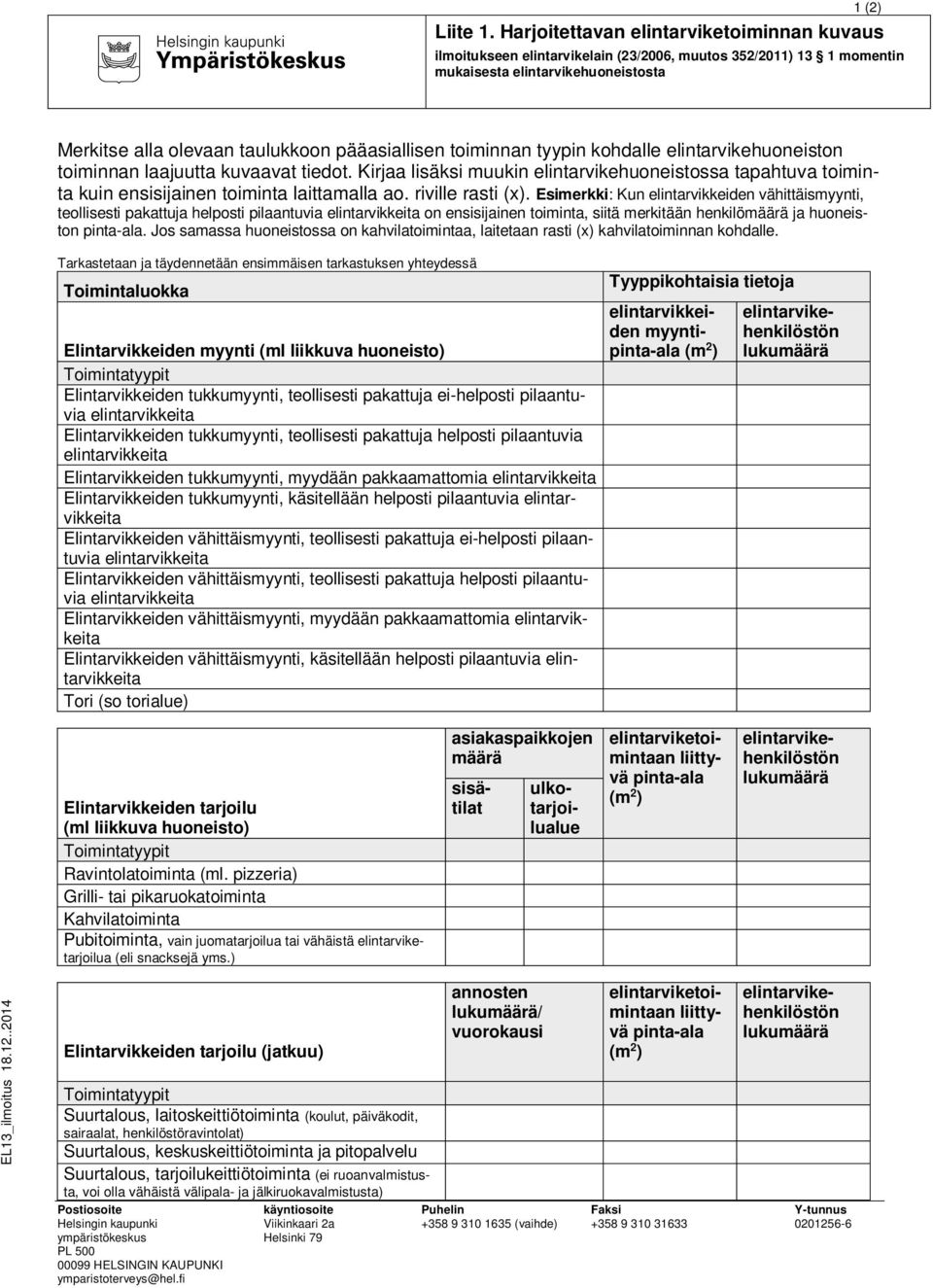 toiminnan tyypin kohdalle elintarvikehuoneiston toiminnan laajuutta kuvaavat tiedot. Kirjaa lisäksi muukin elintarvikehuoneistossa tapahtuva toiminta kuin ensisijainen toiminta laittamalla ao.