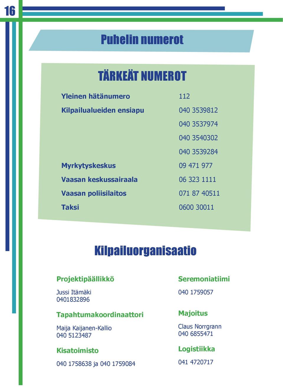 Kilpailuorganisaatio Projektipäällikkö Jussi Itämäki 0401832896 Tapahtumakoordinaattori Maija Kaijanen-Kallio 040 5123487