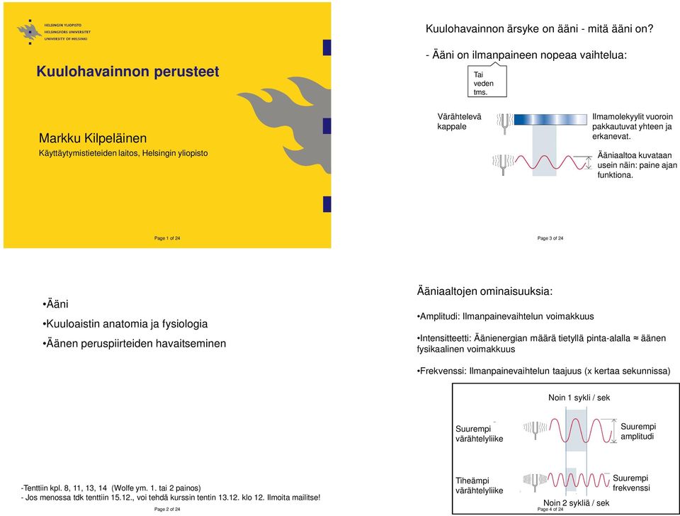 Page 1 of 24 Page 3 of 24 Ääni Kuuloaistin anatomia ja fysiologia Äänen peruspiirteiden havaitseminen Ääniaaltojen ominaisuuksia: Amplitudi: Ilmanpainevaihtelun voimakkuus Intensitteetti: