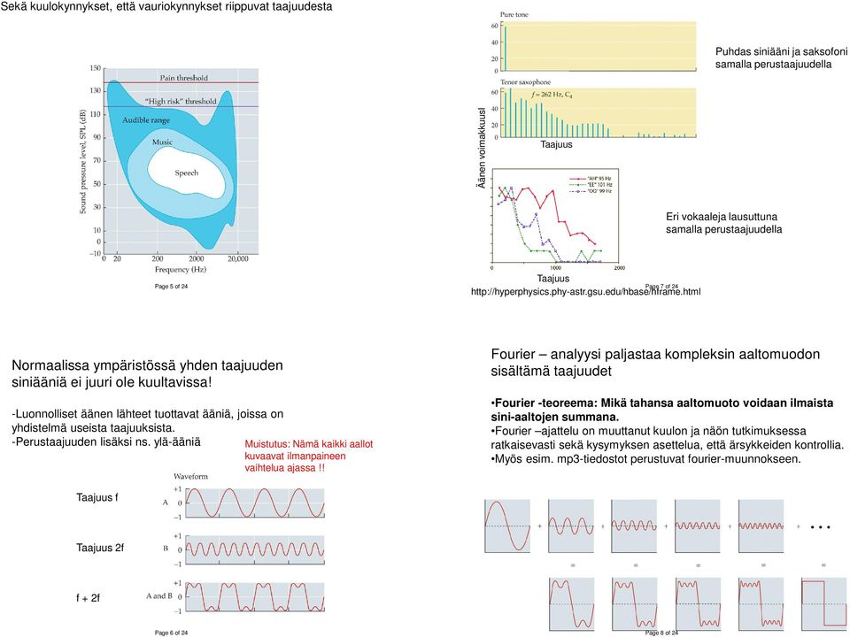 -Luonnolliset äänen lähteet tuottavat ääniä, joissa on yhdistelmä useista taajuuksista. -Perustaajuuden lisäksi ns. ylä-ääniä Muistutus: Nämä kaikki aallot kuvaavat ilmanpaineen vaihtelua ajassa!