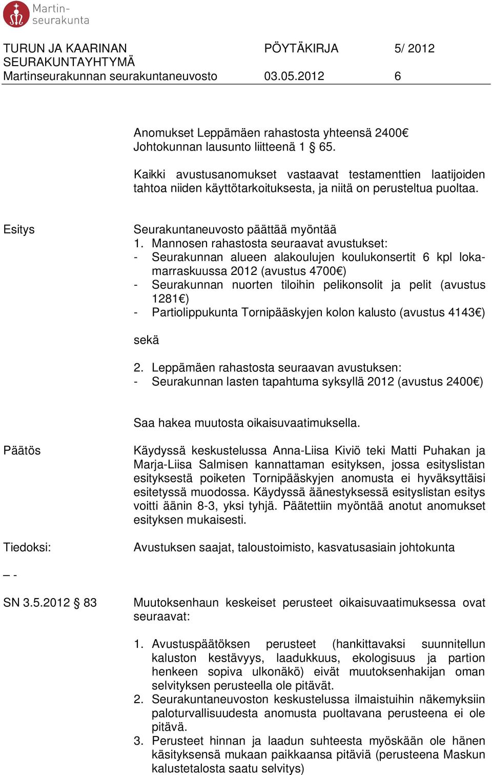 Mannosen rahastosta seuraavat avustukset: - Seurakunnan alueen alakoulujen koulukonsertit 6 kpl lokamarraskuussa 2012 (avustus 4700 ) - Seurakunnan nuorten tiloihin pelikonsolit ja pelit (avustus