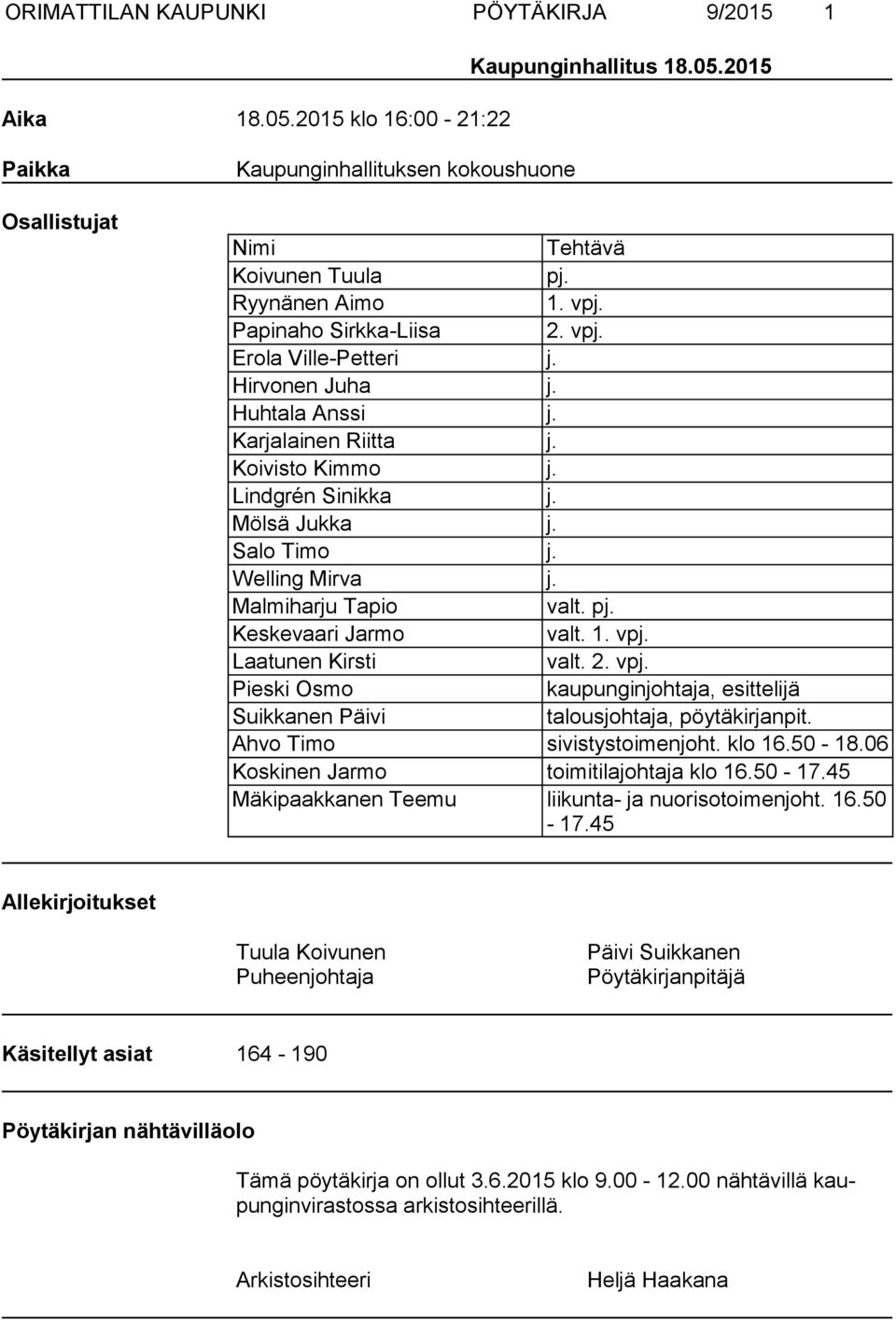 Welling Mirva j. Malmiharju Tapio valt. pj. Keskevaari Jarmo valt. 1. vpj. Laatunen Kirsti valt. 2. vpj. Pieski Osmo kaupunginjohtaja, esittelijä Suikkanen Päivi talousjohtaja, pöytäkirjanpit.