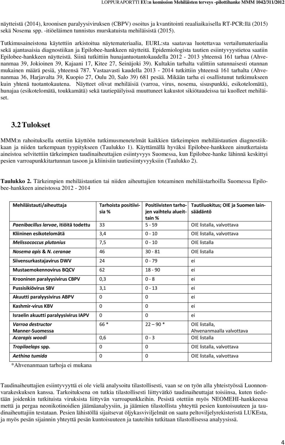 Epidemiologista tautien esiintyvyystietoa saatiin Epilobee-hankkeen näytteistä.