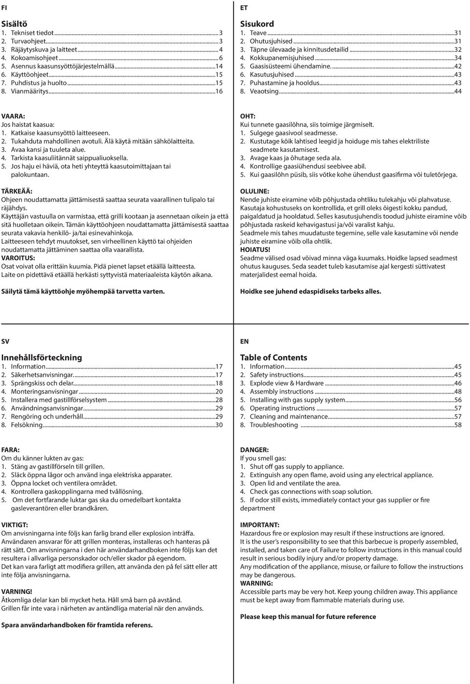 ..43 7. Puhastamine ja hooldus...43 8. Veaotsing...44 VAARA: Jos haistat kaasua: 1. Katkaise kaasunsyöttö laitteeseen. 2. Tukahduta mahdollinen avotuli. Älä käytä mitään sähkölaitteita. 3.