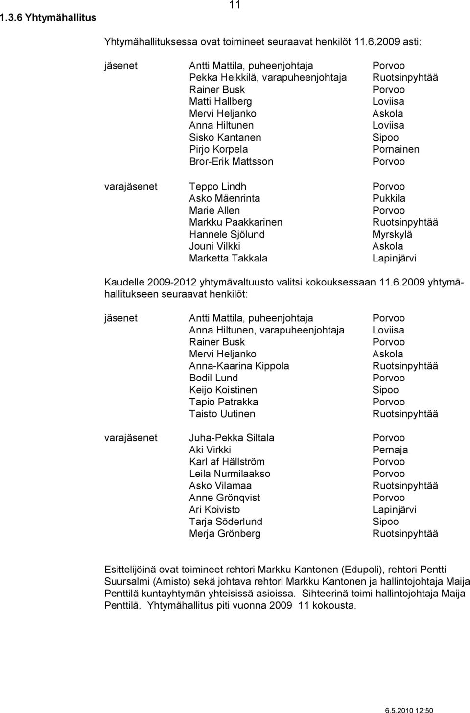 2009 asti: jäsenet Antti Mattila, puheenjohtaja Porvoo Pekka Heikkilä, varapuheenjohtaja Ruotsinpyhtää Rainer Busk Porvoo Matti Hallberg Loviisa Mervi Heljanko Askola Anna Hiltunen Loviisa Sisko