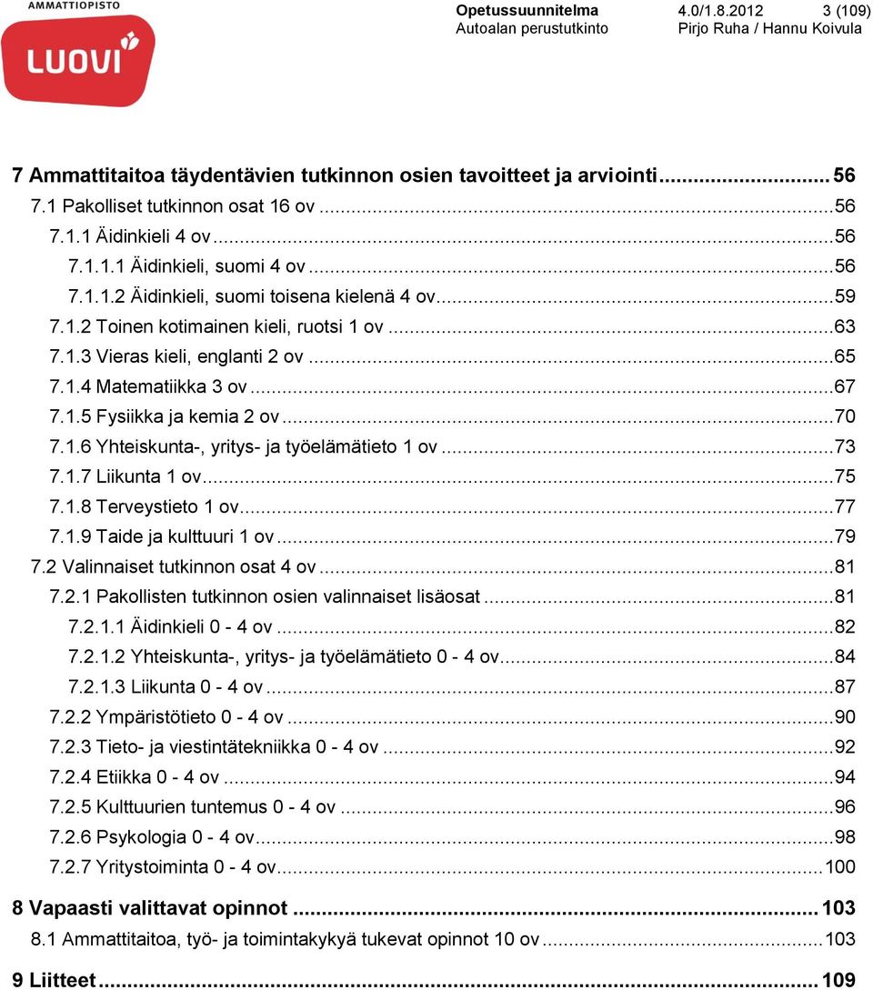 .. 70 7.1.6 Yhteiskunta-, yritys- ja työelämätieto 1 ov... 73 7.1.7 Liikunta 1 ov... 75 7.1.8 Terveystieto 1 ov... 77 7.1.9 Taide ja kulttuuri 1 ov... 79 7.2 