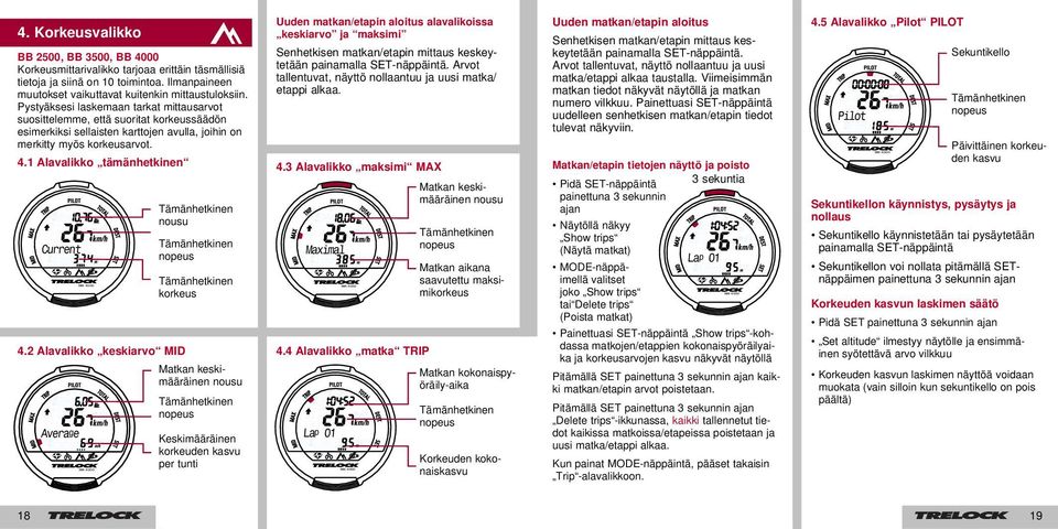 1 Alavalikko tämänhetkinen nousu korkeus Uuden matkan/etapin aloitus alavalikoissa keskiarvo ja maksimi Senhetkisen matkan/etapin mittaus keskeytetään painamalla SET-näppäintä.