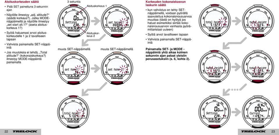 ) ilmestyy MODE-näppäintä painamalla 3 sekuntia muuta SET-näppäimellä Aloituskorkeus 1 Aloitus korkeus 2 muuta SET-näppäimellä Korkeuden kokonaiskasvun laskurin säätö kun vahvistus on tehty