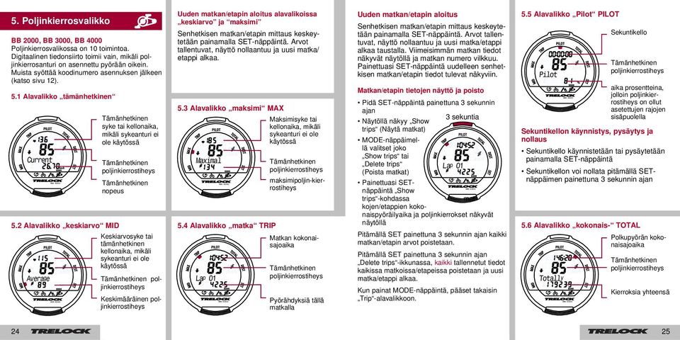 1 Alavalikko tämänhetkinen syke tai kellonaika, mikäli sykeanturi ei ole käytössä poljinkierrostiheys Keskiarvosyke tai tämänhetkinen kellonaika, mikäli sykeanturi ei ole käytössä poljinkierrostiheys