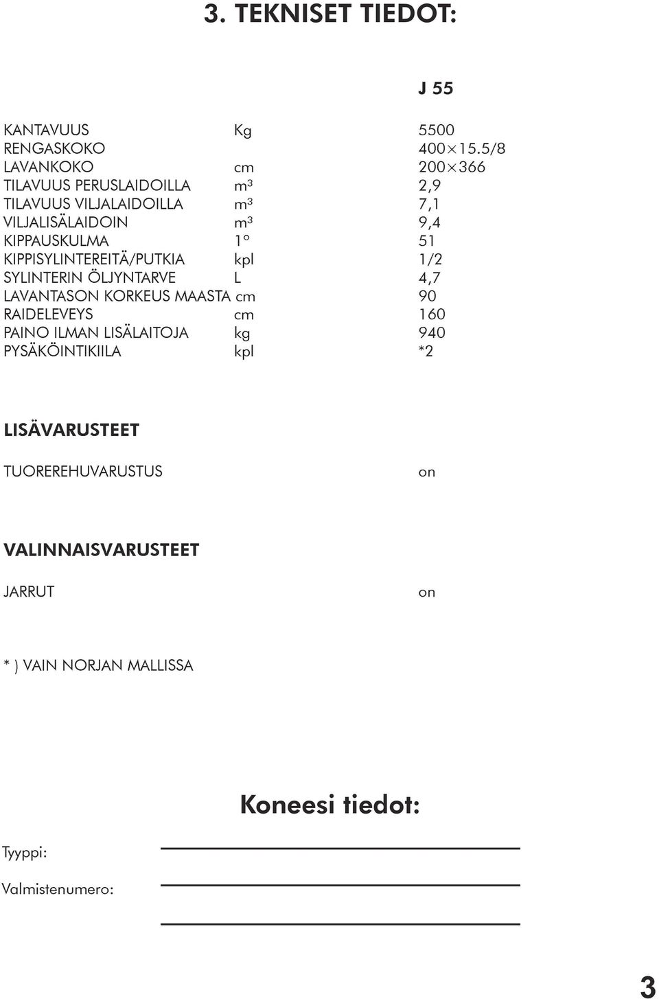 KIPPAUSKULMA 1º 51 KIPPISYLINTEREITÄ/PUTKIA kpl 1/2 SYLINTERIN ÖLJYNTARVE L 4,7 LAVANTASON KORKEUS MAASTA cm 90