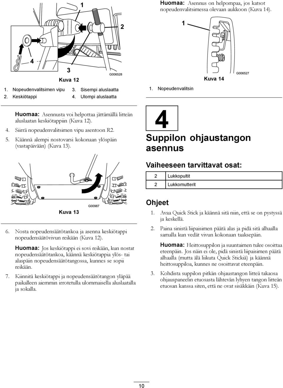 Käännä alempi nostovarsi kokonaan ylöspäin (vastapäivään) (Kuva 13). 1. Nopeudenvalitsin 4 Suppilon ohjaustangon asennus Vaiheeseen tarvittavat osat: 2 Lukkopultit 2 Lukkomutterit Kuva 13 6.