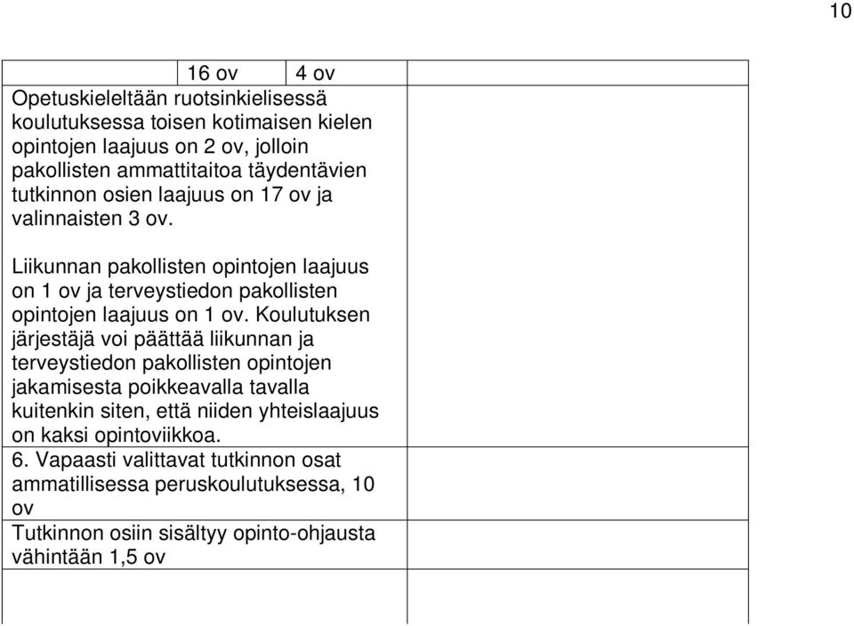 Liikunnan pakollisten opintojen laajuus on 1 ov ja terveystiedon pakollisten opintojen laajuus on 1 ov.