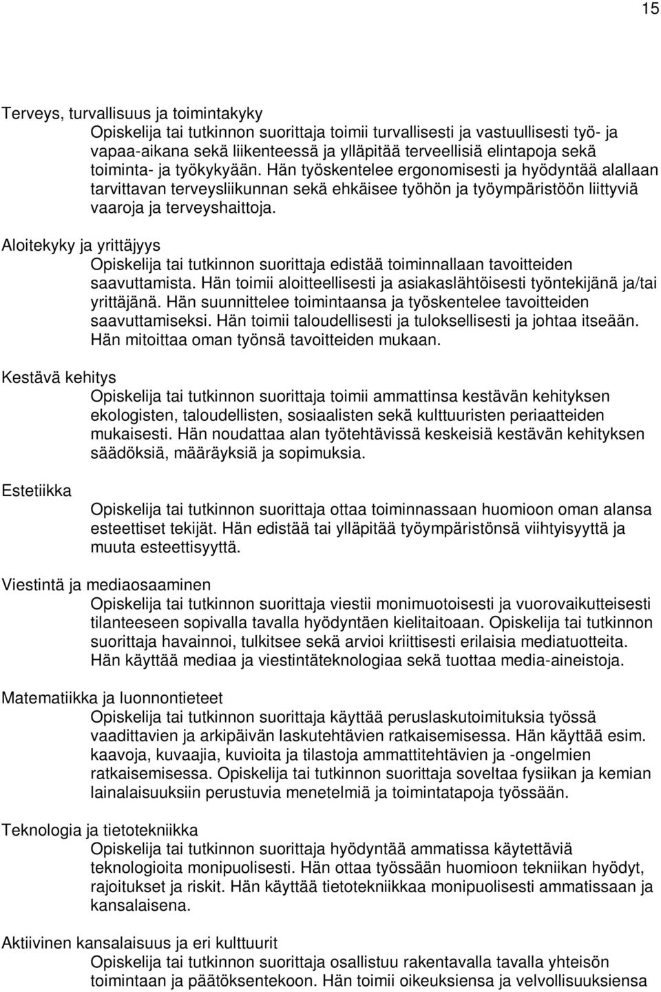 Aloitekyky ja yrittäjyys Opiskelija tai tutkinnon suorittaja edistää toiminnallaan tavoitteiden saavuttamista. Hän toimii aloitteellisesti ja asiakaslähtöisesti työntekijänä ja/tai yrittäjänä.