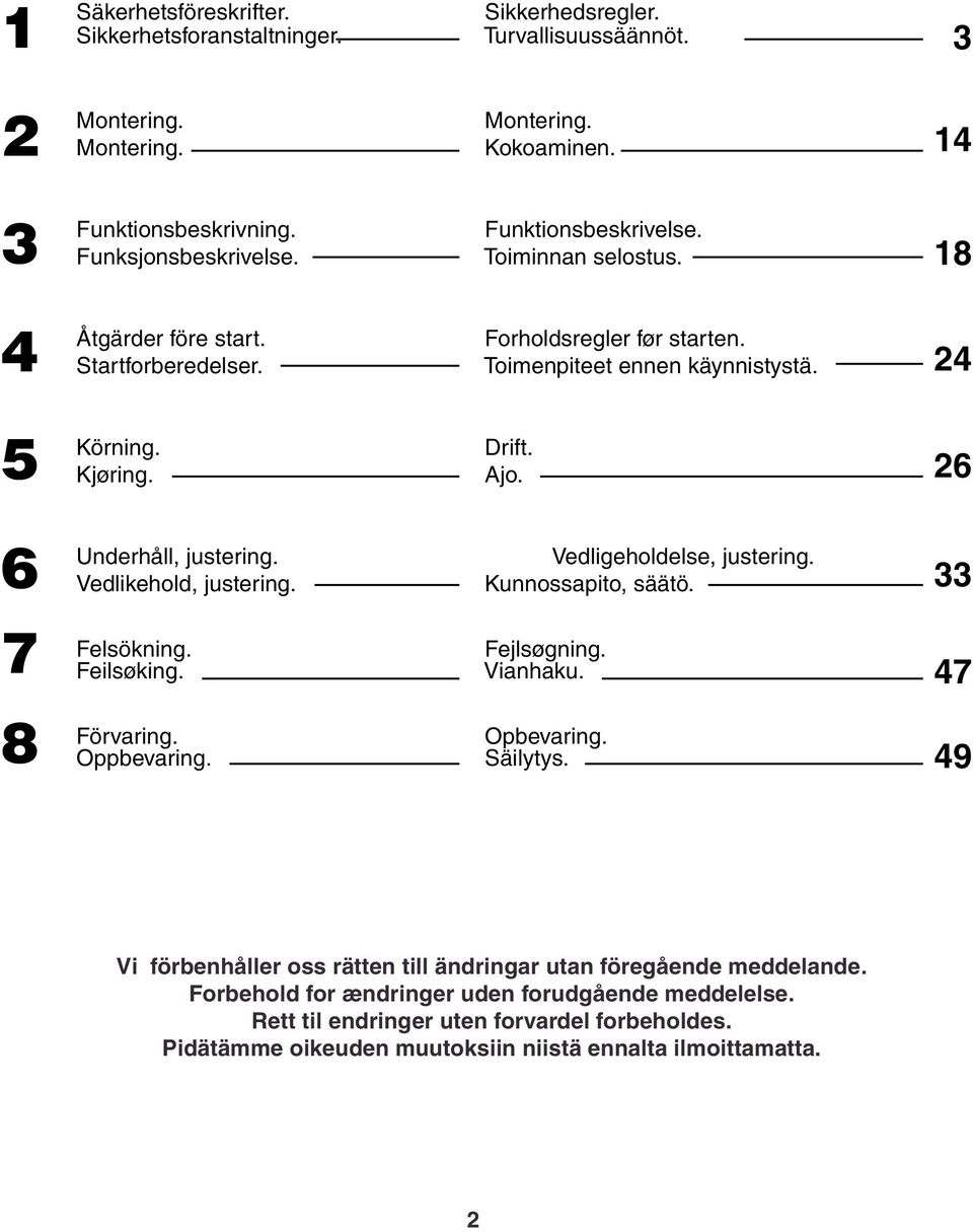 26 6 Underhåll, justering. Vedlikehold, justering. Vedligeholdelse, justering. Kunnossapito, säätö. 33 7 Felsökning. Feilsøking. Fejlsøgning. Vianhaku. 47 8 Förvaring. Oppbevaring. Opbevaring.