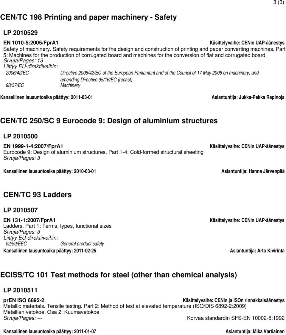 Part 5: Machines for the production of corrugated board and machines for the conversion of flat and corrugated board Sivuja/Pages: 13 Liittyy EU-direktiiveihin: 98/37/EC Kansallinen lausuntoaika