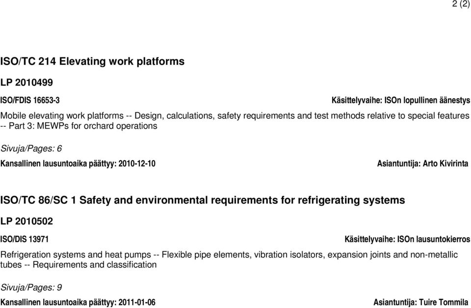 1 Safety and environmental requirements for refrigerating systems LP 2010502 ISO/DIS 13971 Käsittelyvaihe: ISOn lausuntokierros Refrigeration systems and heat pumps -- Flexible pipe