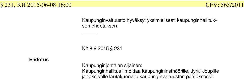 2015 231 Kaupunginhallitus ilmoittaa kaupungininsinöörille,