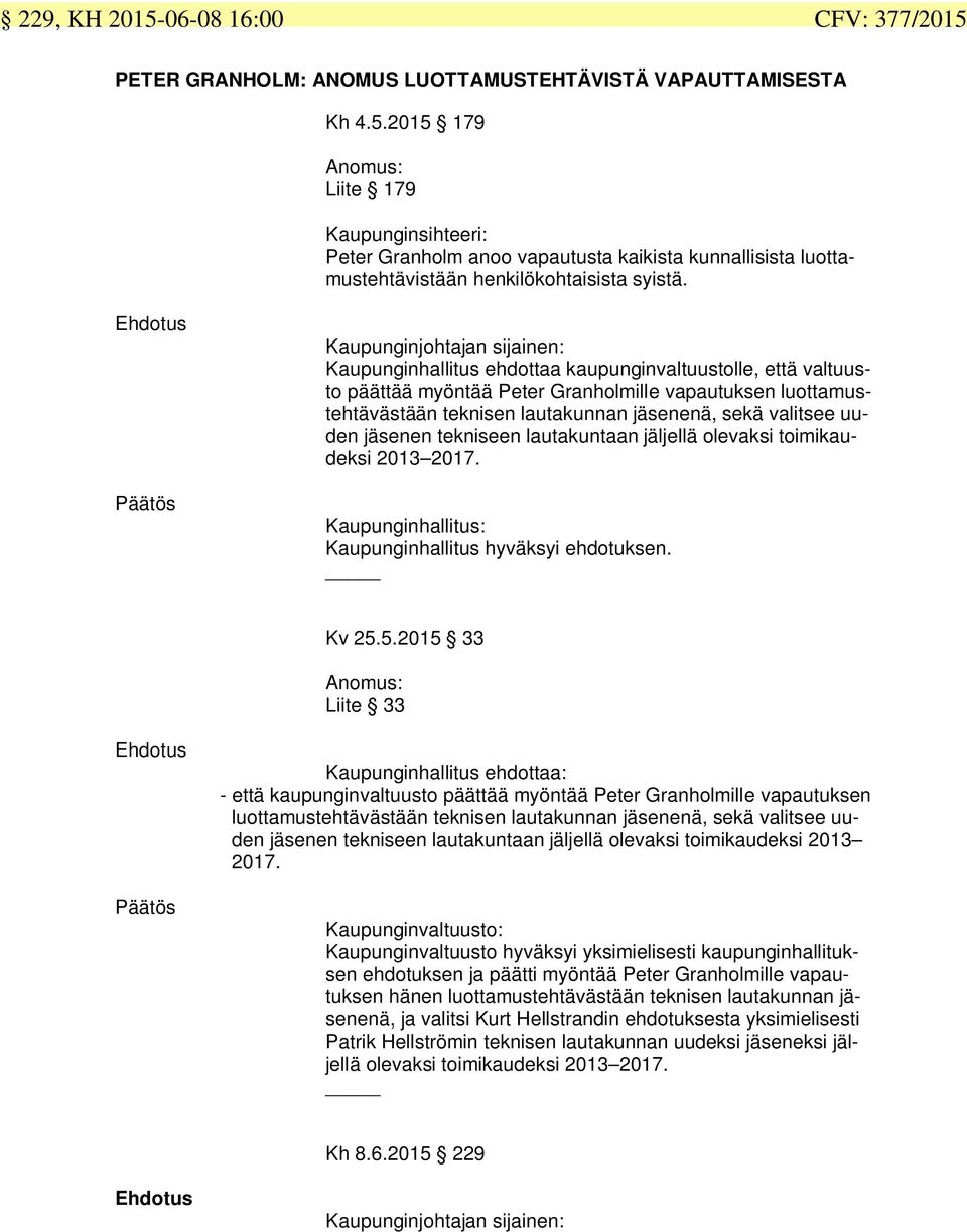 tekniseen lautakuntaan jäljellä olevaksi toimikaudeksi 2013 2017. Kaupunginhallitus: Kaupunginhallitus hyväksyi ehdotuksen. Kv 25.