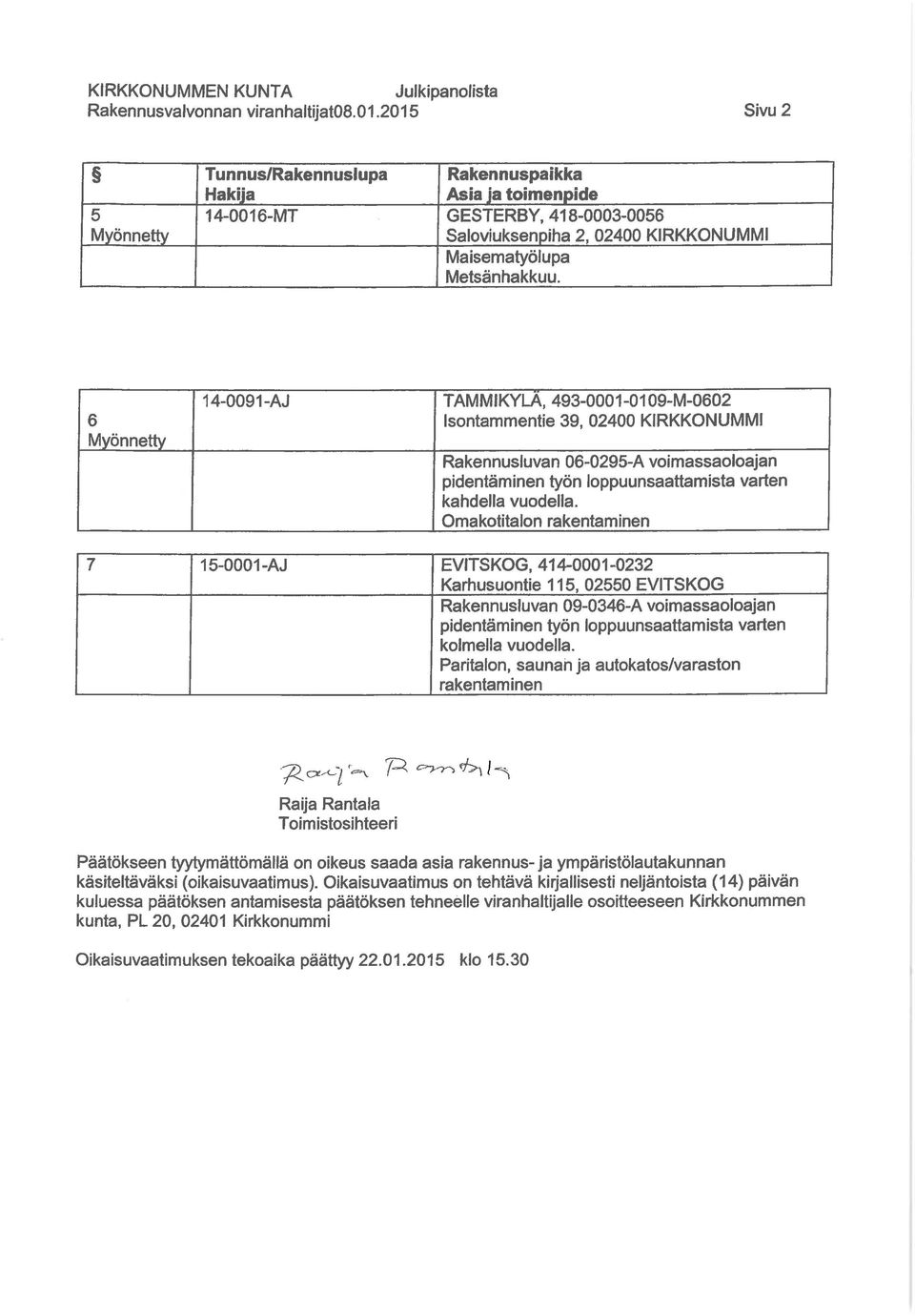 Omakotitalon 15-0001 -AJ EVITSKOG, 414-0001-0232 Karhusuontie 115, 02550 EVITSKOG^ Rakennusluvan 09-0346-A voimassaoloajan kolmella vuodella.