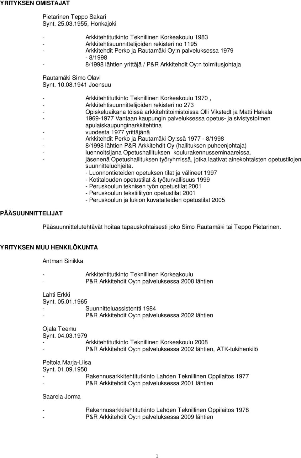 yrittäjä / P&R Arkkitehdit Oy:n toimitusjohtaja Rautamäki Simo Olavi Synt. 10.08.