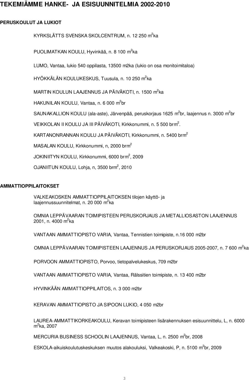 1500 m 2 ka HAKUNILAN KOULU, Vantaa, n. 6 000 m 2 br SAUNAKALLION KOULU (ala-aste), Järvenpää, peruskorjaus 1625 m 2 br, laajennus n. 3000 m 2 br VEIKKOLAN II KOULU JA III PÄIVÄKOTI, Kirkkonummi, n.