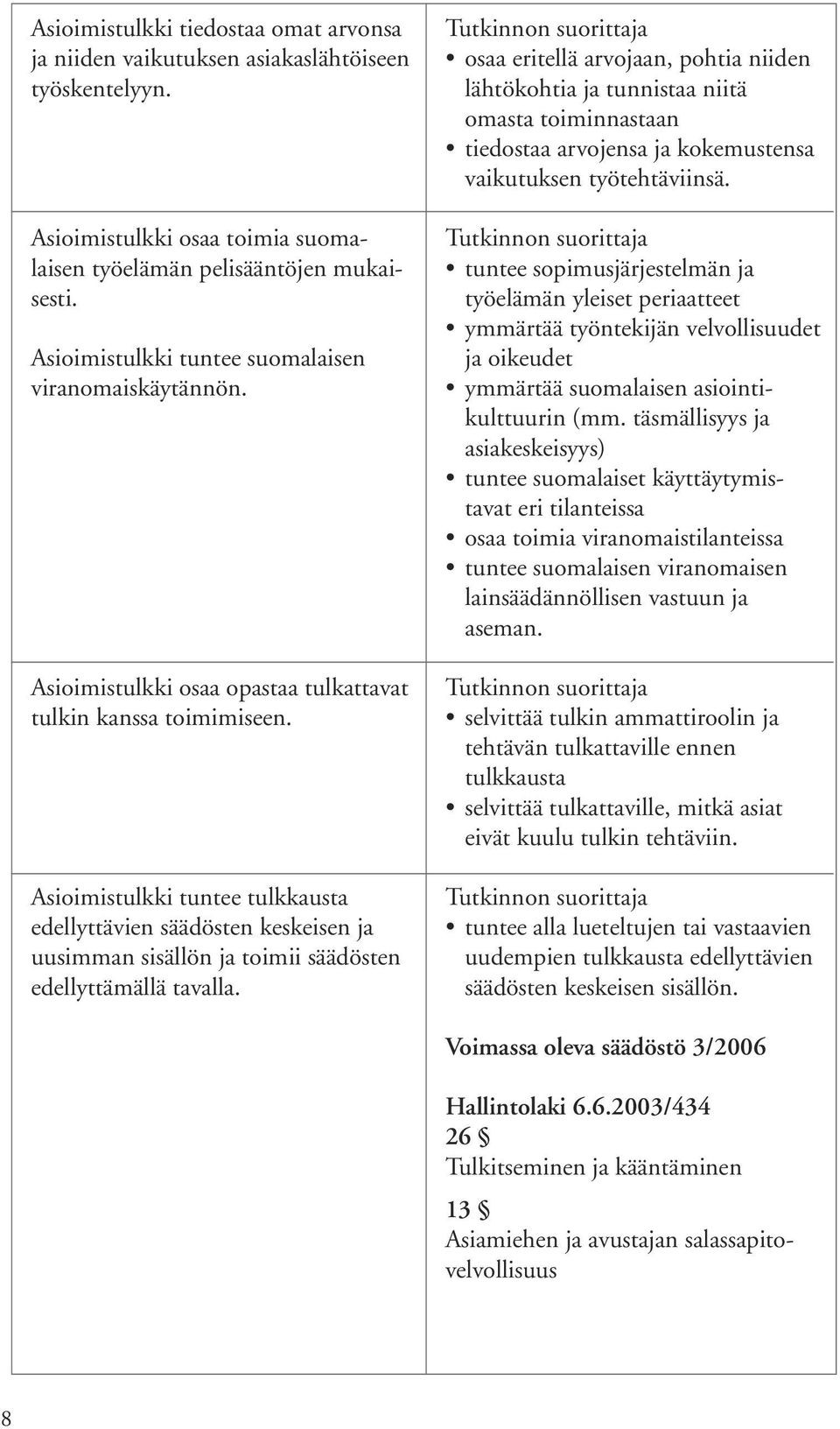 Asioimistulkki tuntee tulkkausta edellyttävien säädösten keskeisen ja uusimman sisällön ja toimii säädösten edellyttämällä tavalla.