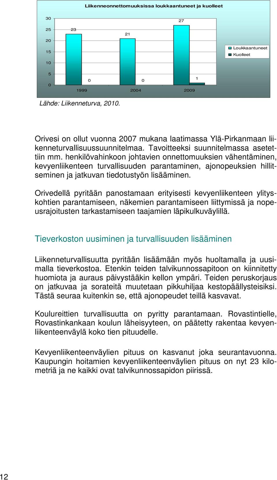 henkilövahinkoon johtavien onnettomuuksien vähentäminen, kevyenliikenteen turvallisuuden parantaminen, ajonopeuksien hillitseminen ja jatkuvan tiedotustyön lisääminen.