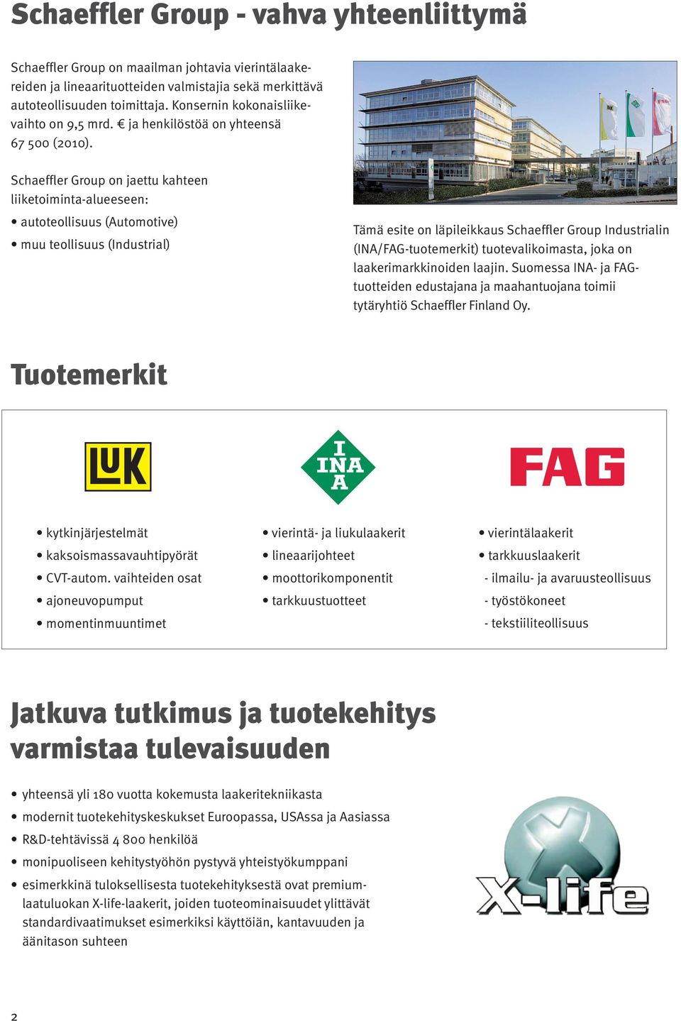 Schaeffler Group on jaettu kahteen liiketoiminta-alueeseen: autoteollisuus (Automotive) muu teollisuus (Industrial) Tämä esite on läpileikkaus Schaeffler Group Industrialin (INA/FAG-tuotemerkit)