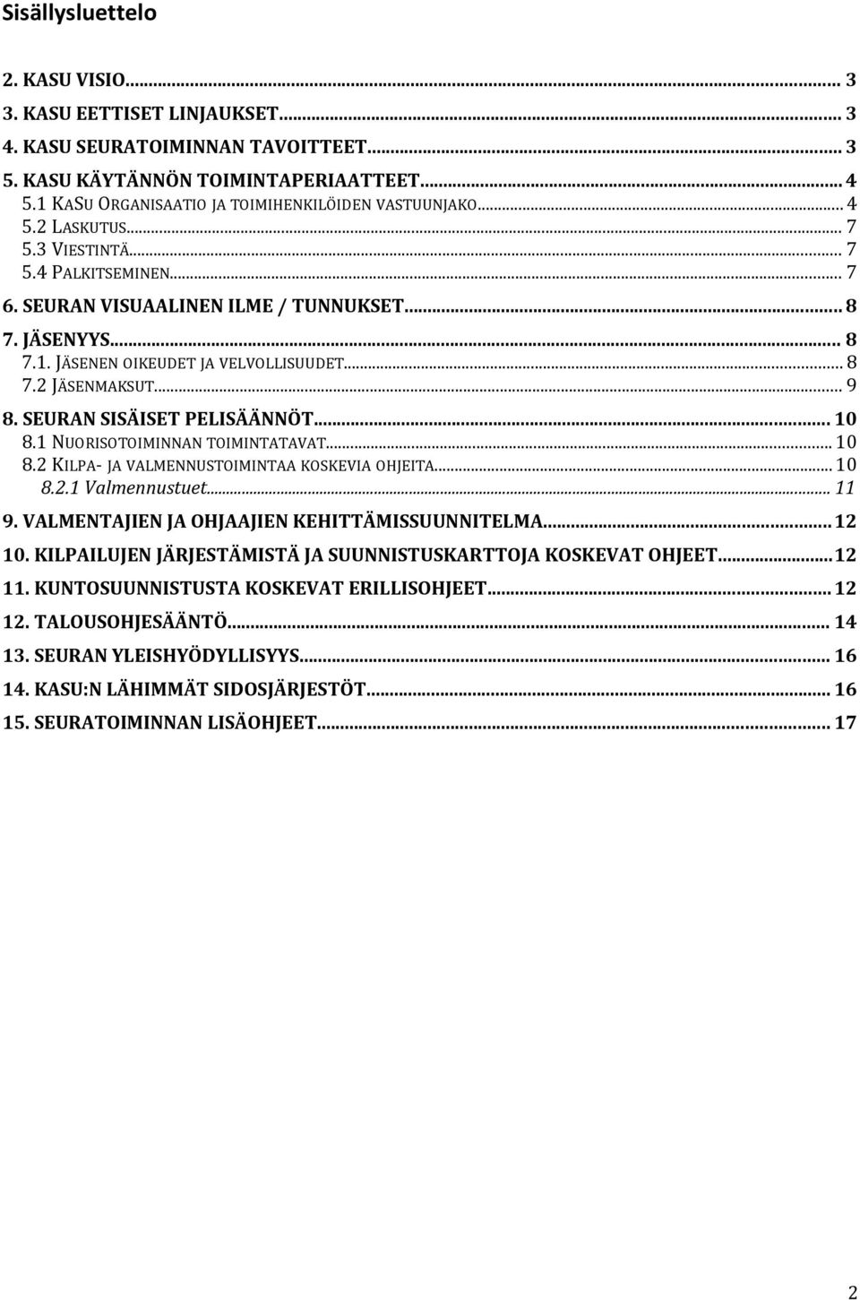 .. 8 7.2 JÄSENMAKSUT... 9 8. SEURAN SISÄISET PELISÄÄNNÖT... 10 8.1 NUORISOTOIMINNAN TOIMINTATAVAT... 10 8.2 KILPA- JA VALMENNUSTOIMINTAA KOSKEVIA OHJEITA...10 8.2.1 Valmennustuet... 11 9.