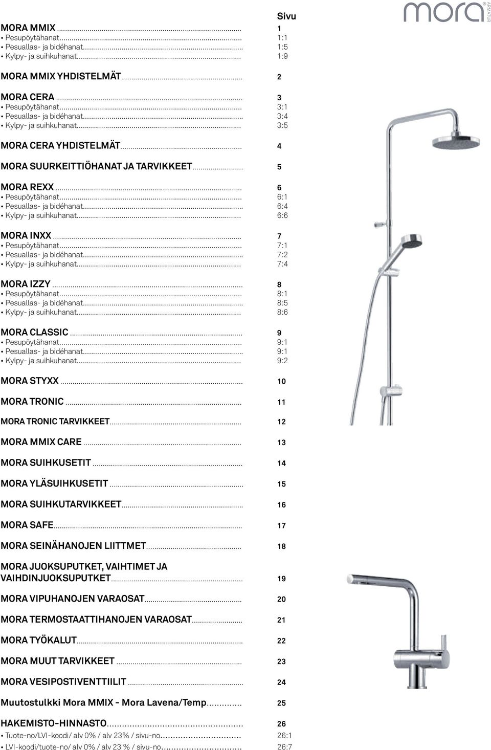 .. 15 MORA SUIHKUTARVIKKEET... 16 MORA SAFE... 17 MORA SEINÄHANOJEN LIITTMET... 18 MORA JUOKSUPUTKET, VAIHTIMET JA VAIHDINJUOKSUPUTKET... 19 MORA VIPUHANOJEN VARAOSAT.