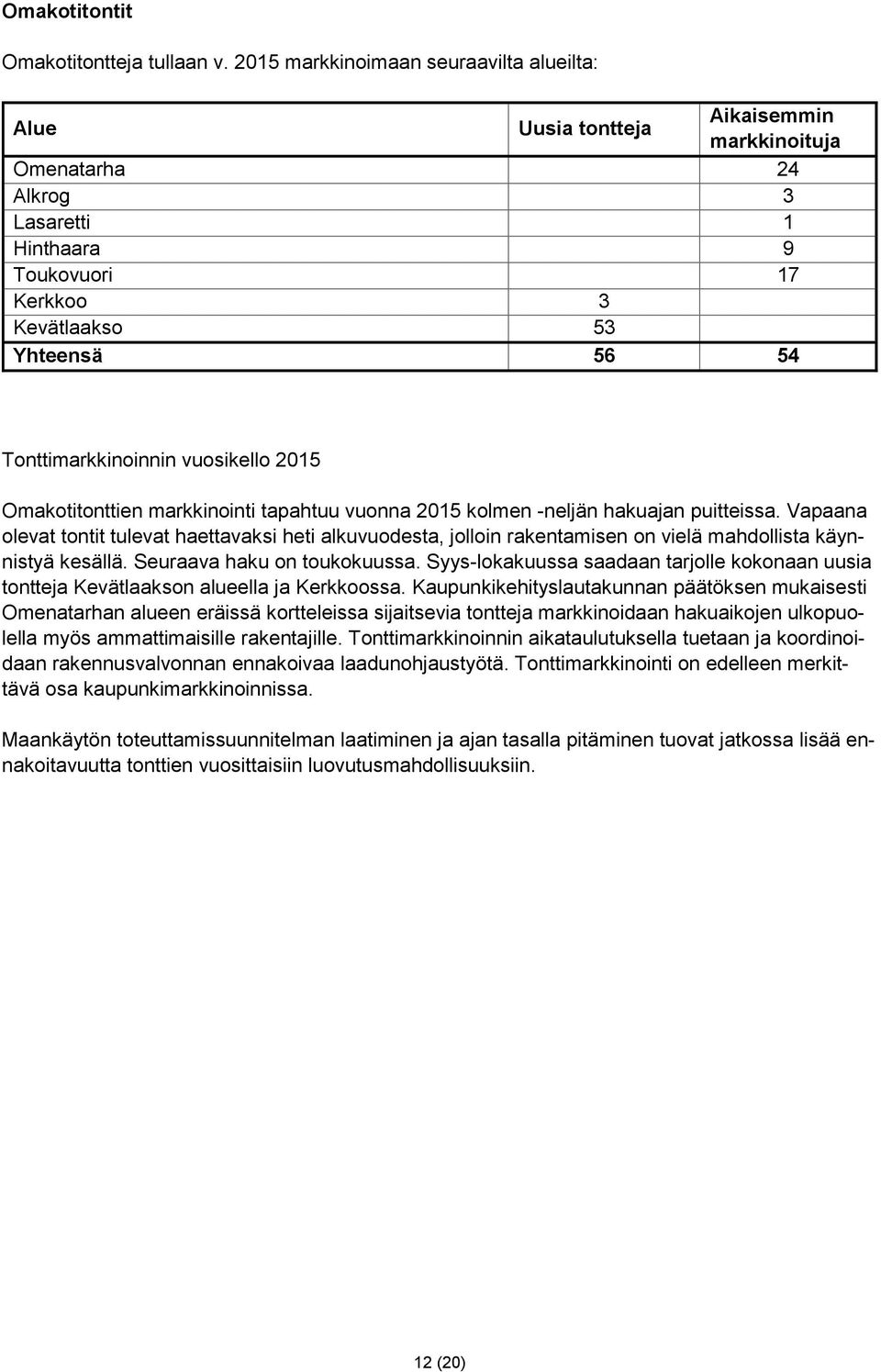 Tonttimarkkinoinnin vuosikello 2015 Omakotitonttien markkinointi tapahtuu vuonna 2015 kolmen -neljän hakuajan puitteissa.