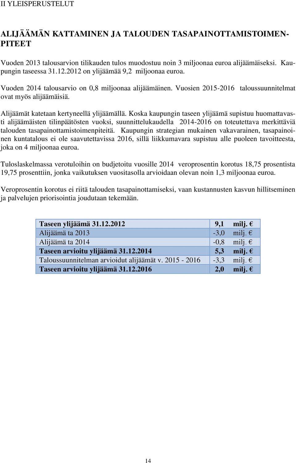 Koska kaupungin taseen ylijäämä supistuu huomattavasti alijäämäisten tilinpäätösten vuoksi, suunnittelukaudella 2014-2016 on toteutettava merkittäviä talouden tasapainottamistoimenpiteitä.