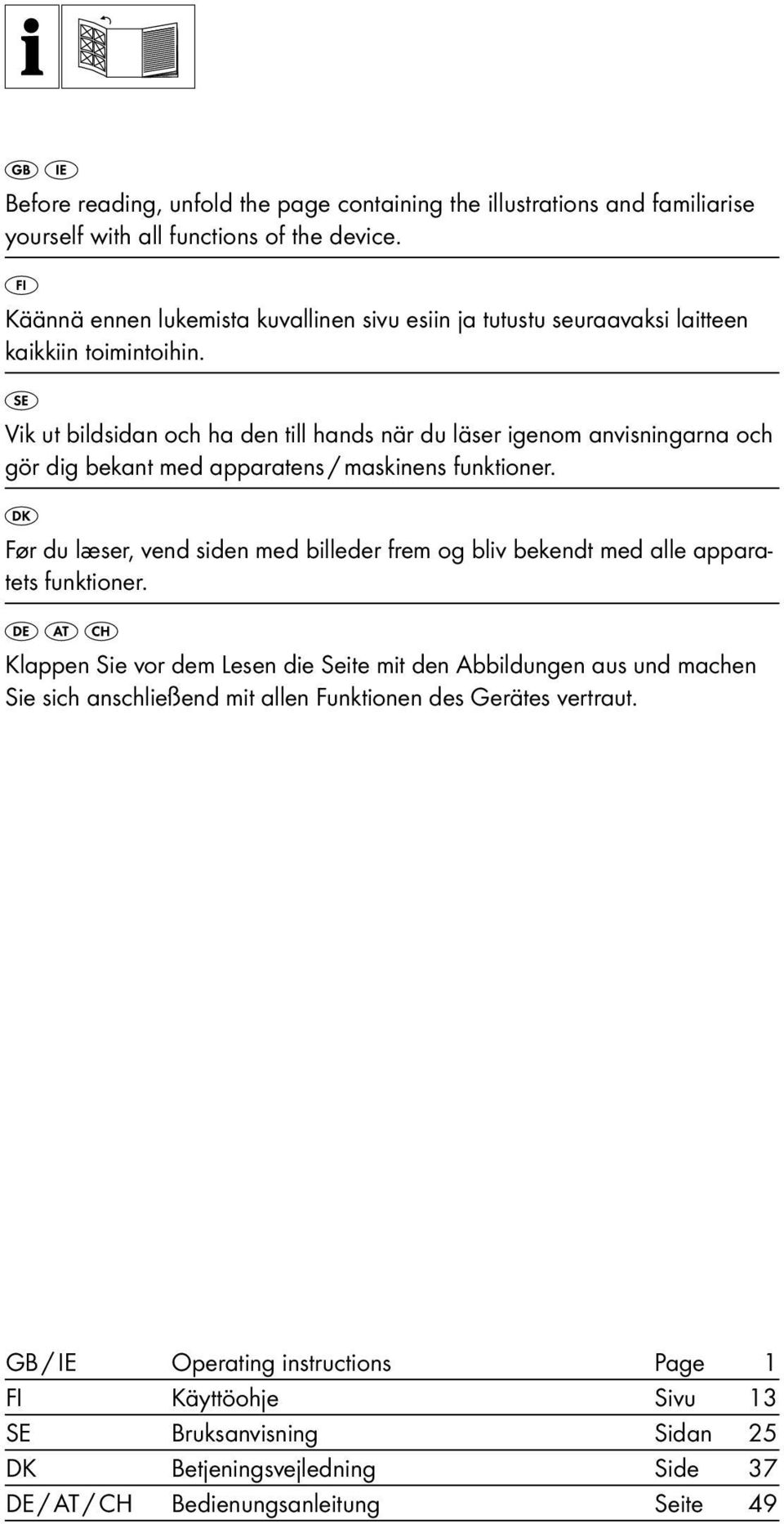 Vik ut bildsidan och ha den till hands när du läser igenom anvisningarna och gör dig bekant med apparatens / maskinens funktioner.