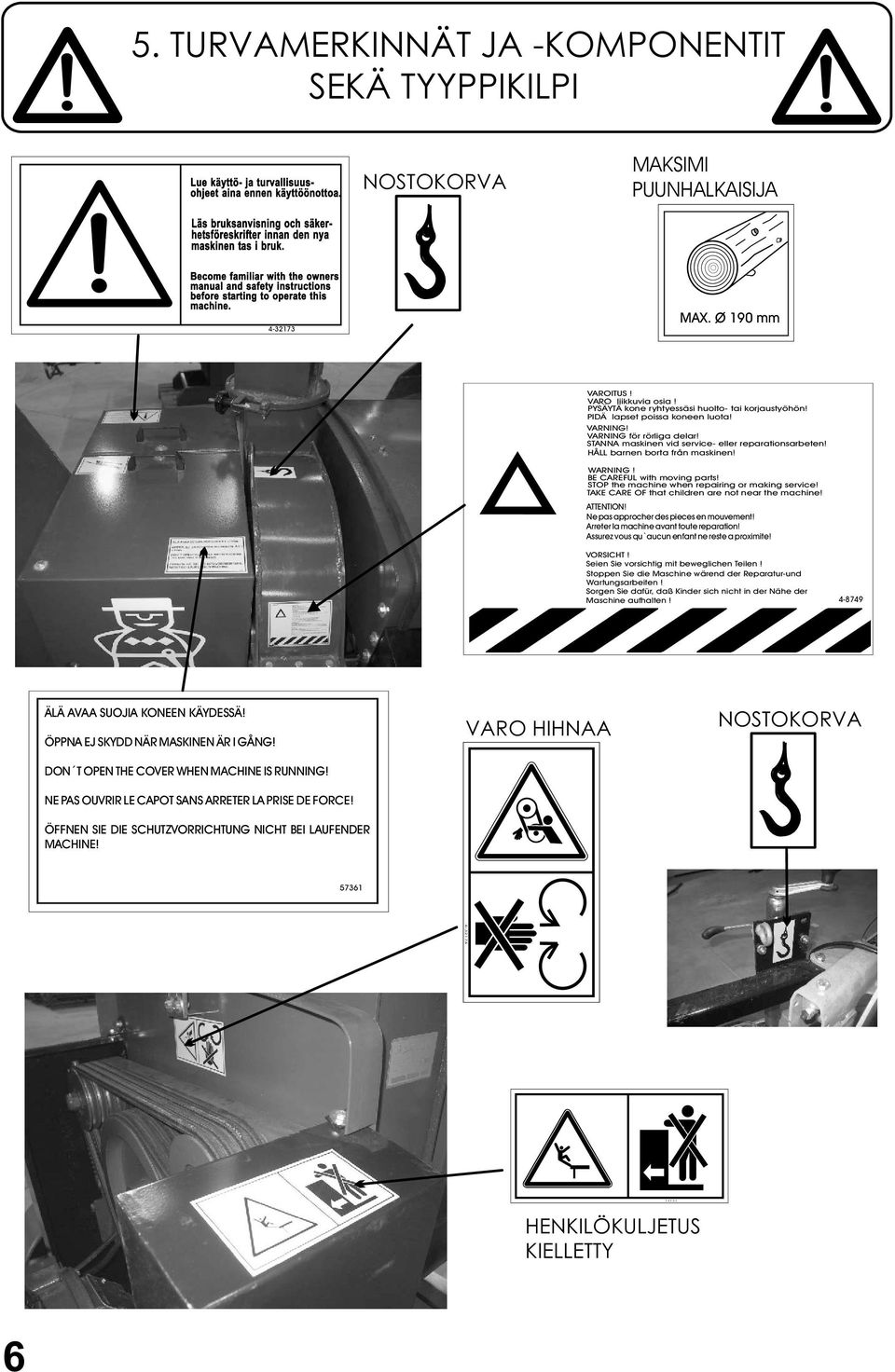 STOP the machine when repairing or making service! TAKE CARE OF that children are not near the machine! ATTENTION! Ne pas approcher des pieces en mouvement! Arreter la machine avant toute reparation!