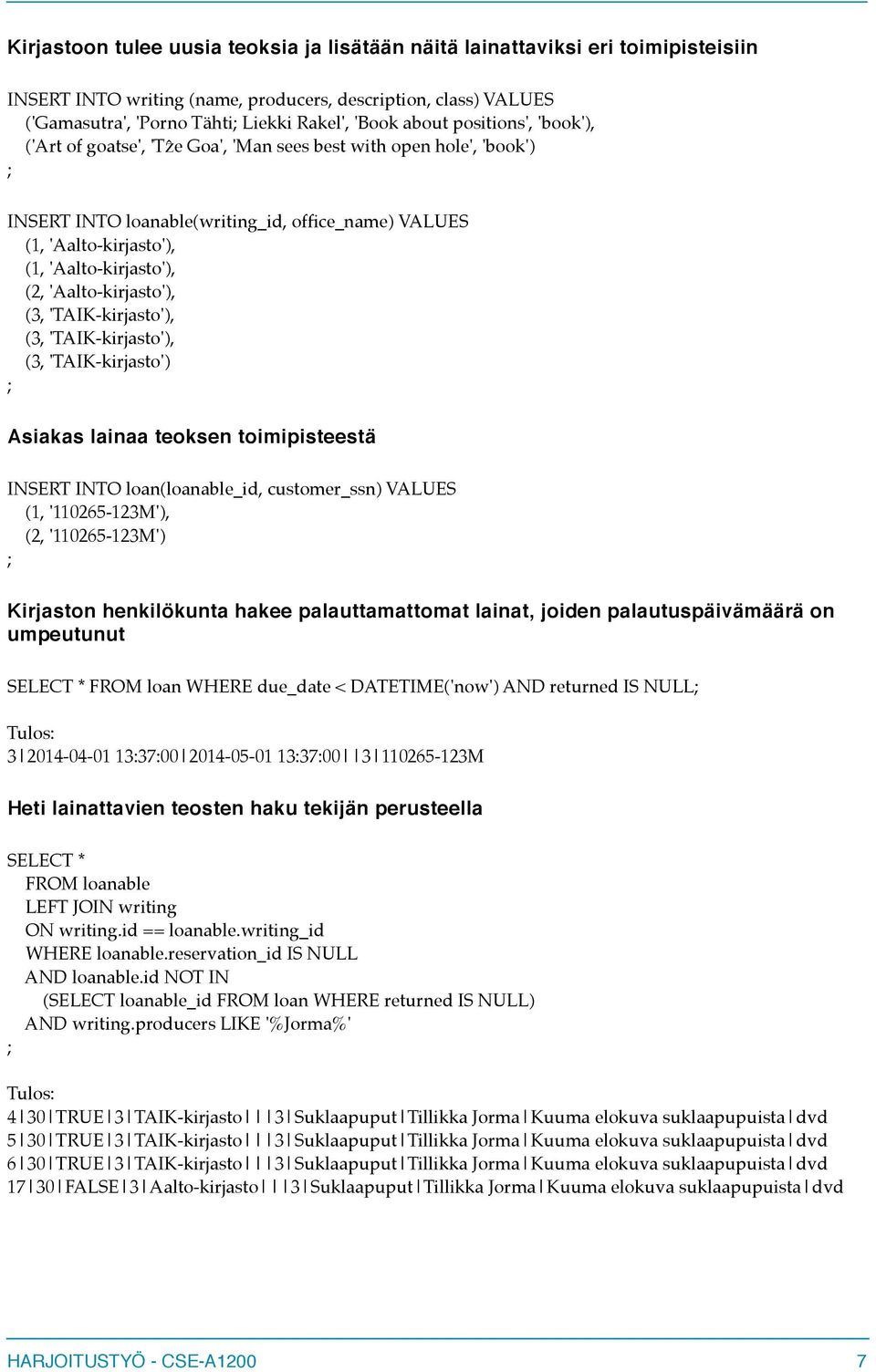 (2, 'Aalto-kirjasto'), (3, 'TAIK-kirjasto'), (3, 'TAIK-kirjasto'), (3, 'TAIK-kirjasto') ; Asiakas lainaa teoksen toimipisteestä INSERT INTO loan(loanable_id, customer_ssn) VALUES (1, '110265-123M'),