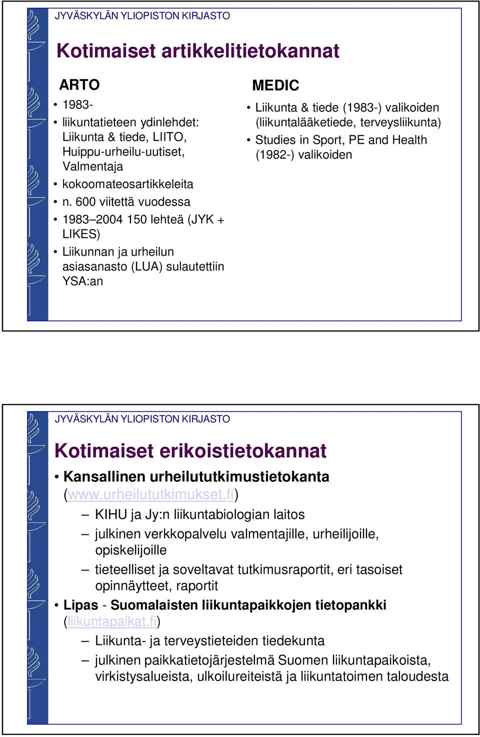 Studies in Sport, PE and Health (1982-) valikoiden Kotimaiset erikoistietokannat Kansallinen urheilututkimustietokanta (www.urheilututkimukset.