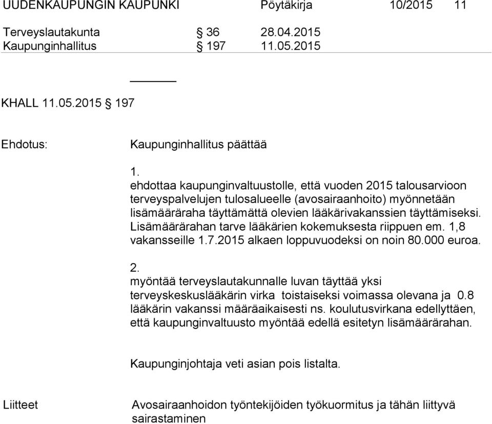 Lisämäärärahan tarve lääkärien kokemuksesta riippuen em. 1,8 vakansseille 1.7.2015 alkaen loppuvuodeksi on noin 80.000 euroa. 2.