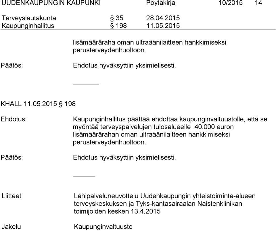 2015 198 Kaupunginhallitus päättää ehdottaa kaupunginvaltuustolle, että se myöntää terveyspalvelujen tulosalueelle 40.