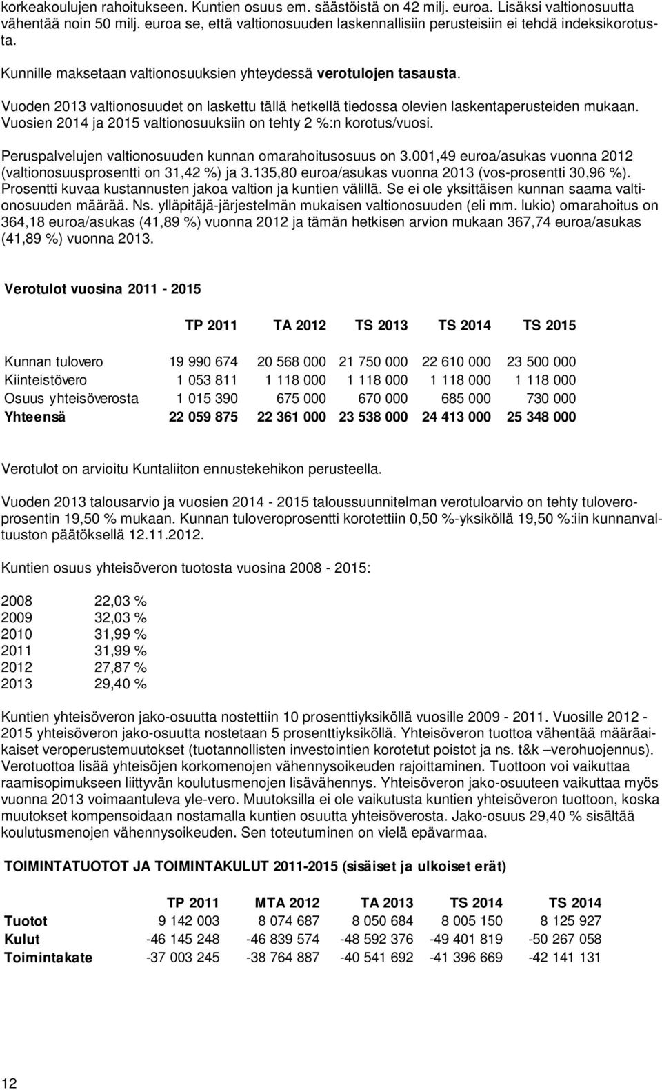 Vuoden 2013 valtionosuudet on laskettu tällä hetkellä tiedossa olevien laskentaperusteiden mukaan. Vuosien 2014 ja 2015 valtionosuuksiin on tehty 2 %:n korotus/vuosi.