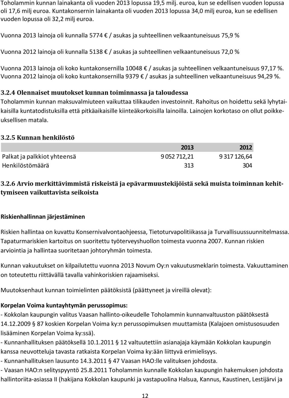 Vuonna 2013 lainoja oli kunnalla 5774 / asukas ja suhteellinen velkaantuneisuus 75,9 % Vuonna 2012 lainoja oli kunnalla 5138 / asukas ja suhteellinen velkaantuneisuus 72,0 % Vuonna 2013 lainoja oli