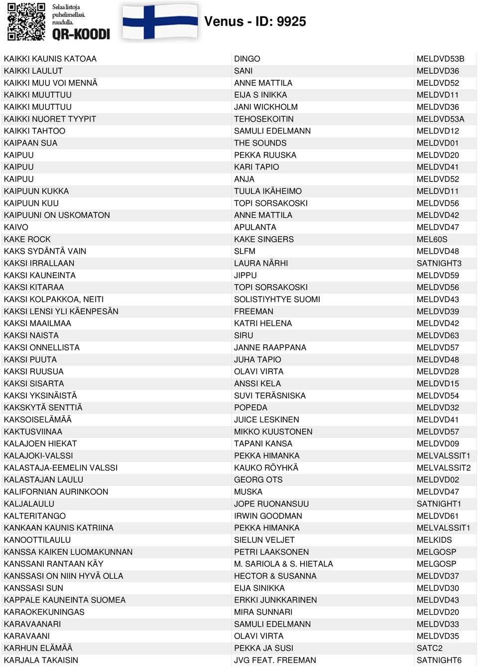 IKÄHEIMO MELDVD11 KAIPUUN KUU TOPI SORSAKOSKI MELDVD56 KAIPUUNI ON USKOMATON ANNE MATTILA MELDVD42 KAIVO APULANTA MELDVD47 KAKE ROCK KAKE SINGERS MEL60S KAKS SYDÄNTÄ VAIN SLFM MELDVD48 KAKSI