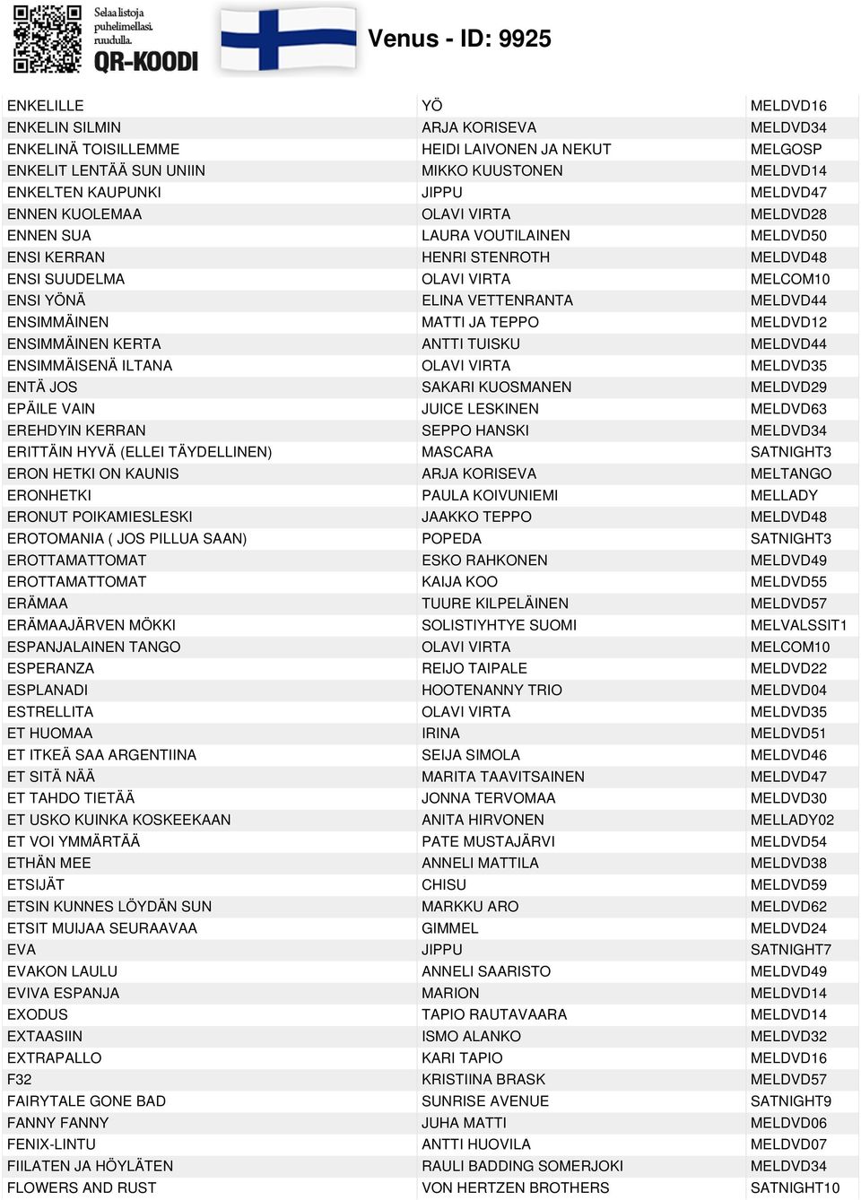 JA TEPPO MELDVD12 ENSIMMÄINEN KERTA ANTTI TUISKU MELDVD44 ENSIMMÄISENÄ ILTANA OLAVI VIRTA MELDVD35 ENTÄ JOS SAKARI KUOSMANEN MELDVD29 EPÄILE VAIN JUICE LESKINEN MELDVD63 EREHDYIN KERRAN SEPPO HANSKI