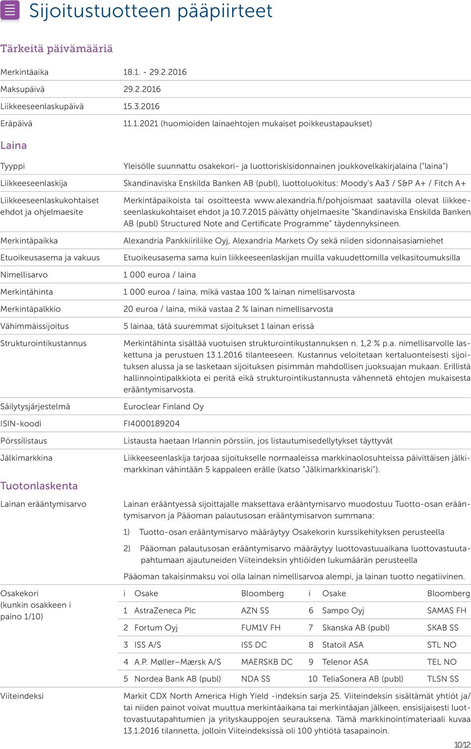 luottoriskisidonnainen joukkovelkakirjalaina ( laina ) Liikkeeseenlaskija Skandinaviska Enskilda Banken AB (publ), luottoluokitus: Moody s Aa3 / S&P A+ / Fitch A+ Liikkeeseenlaskukohtaiset ehdot ja