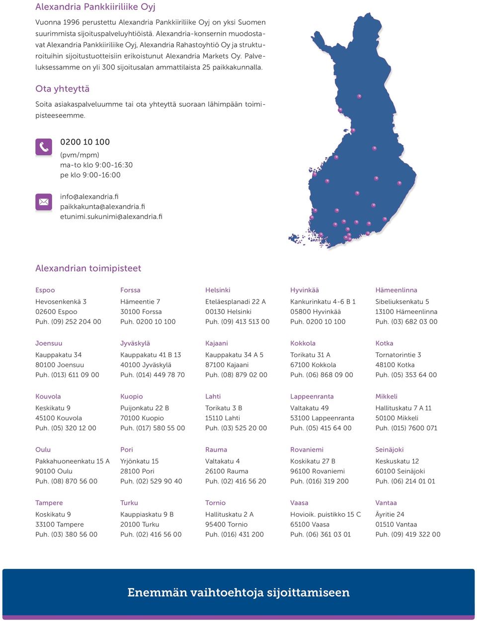 Palveluksessamme on yli 300 sijoitusalan ammattilaista 25 paikkakunnalla. Ota yhteyttä Soita asiakaspalveluumme tai ota yhteyttä suoraan lähimpään toimipisteeseemme.