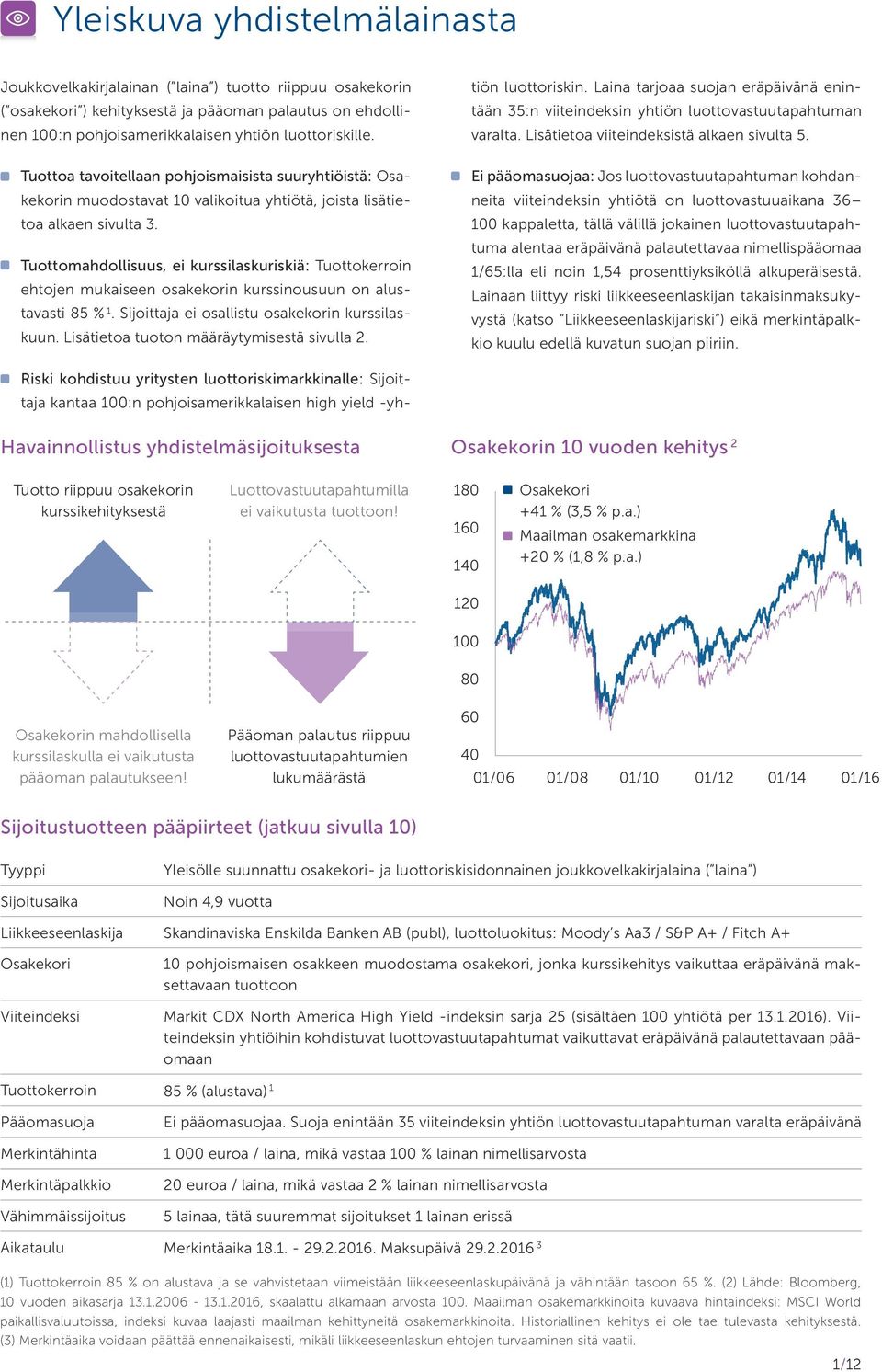 Tuottomahdollisuus, ei kurssilaskuriskiä: Tuottokerroin ehtojen mukaiseen osakekorin kurssinousuun on alustavasti 85 % 1. Sijoittaja ei osallistu osakekorin kurssilaskuun.